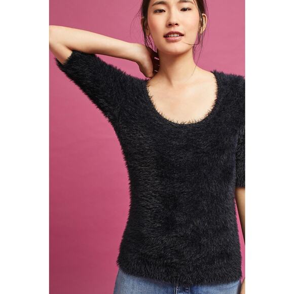 Anthropologie Knitted & Knotted Eyelash Sweater Womens Small 1/2 Sleeve Black - Picture 1 of 13
